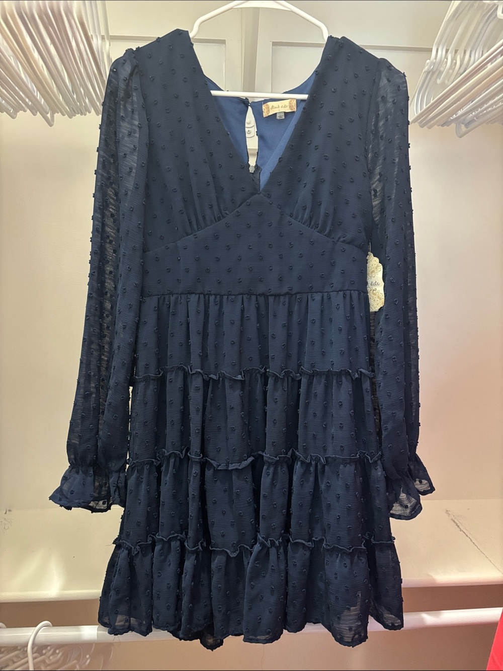 Altar'd State Navy Swiss Dot Tiered Long Sleeve Dress